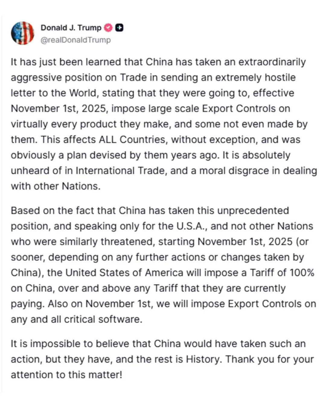 突发！特朗普宣布对所有从中国进口的商品加征100% 关税- ingstart-全球公司成立与合规